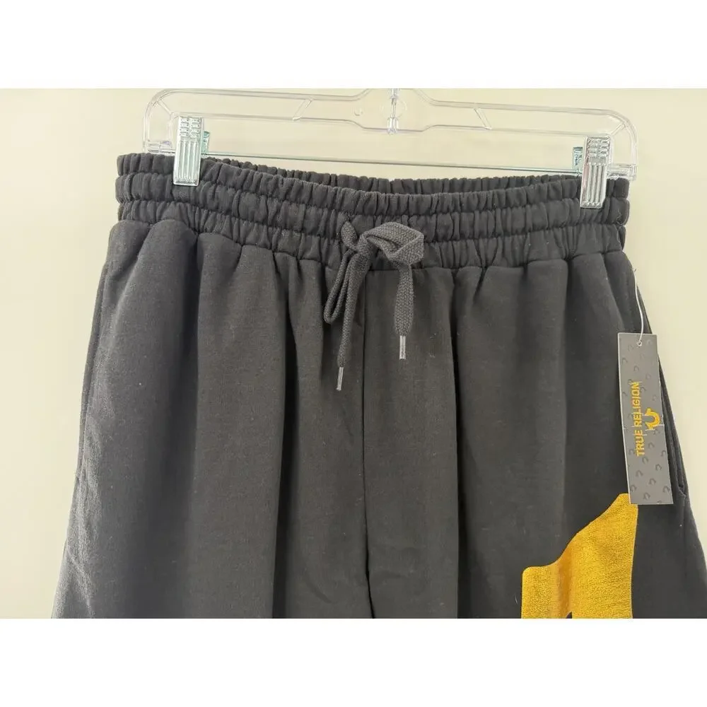 True Religion Men’s Elastic Waist Drawstring Black Joggers Gold Logo Small NWT